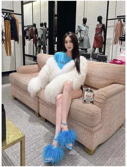 Spring Summer New Star Same Style Women's Blue Feather High Heels Versatile Strap Pointed Thin Heel Sandals