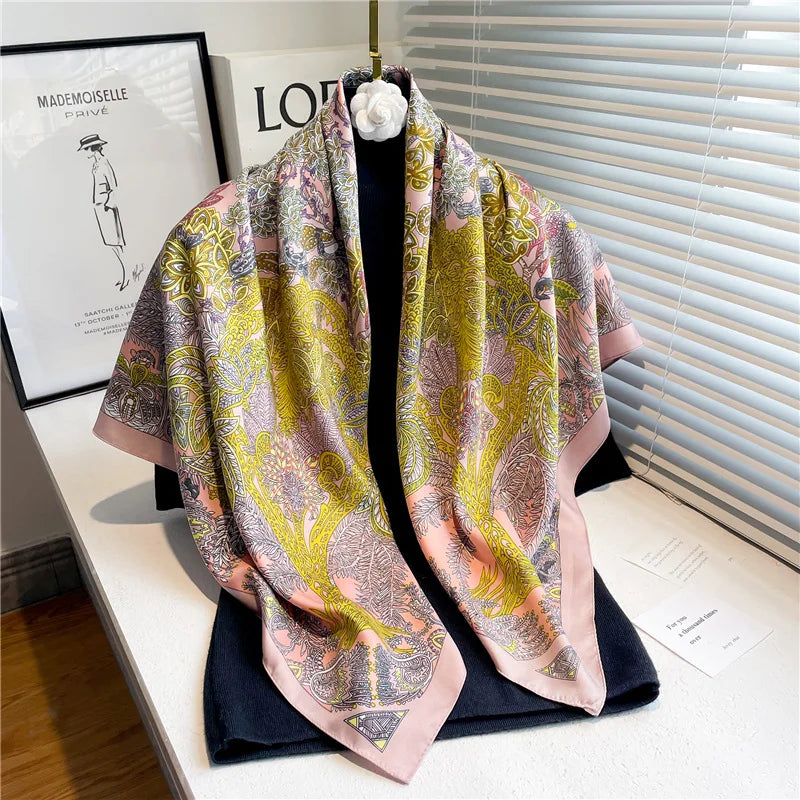 Brand Twill Silk Scarf Women Luxury Shawl Wrap 90cm Square Headband Print Neck Tie Female Hijab Satin Echarpe 2025 Bandana