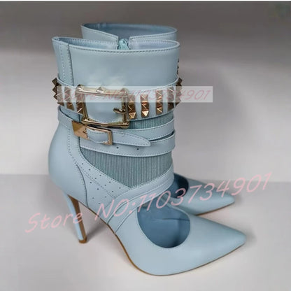 Studded Buckle Strap Cut-Out Sandal Boots Women Splicing Pointy Toe High Heels Blue Leather Ankle Boots Lady Edgy Luxe Footwear