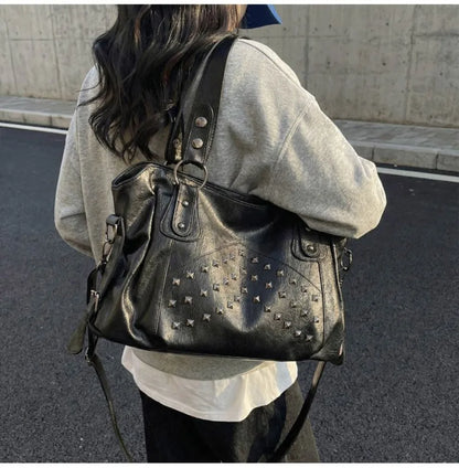 Rivet Punk Large Capacity Handbags Top Quality Sturdy Soft Leather Casual Tote Bag Shoulder Crossbody Bags Daily Commute Travel