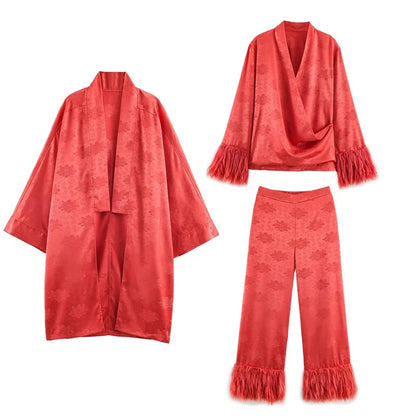 Jacquard Satin Fringe Three Piece Set Kimono Long Open Coat Wrap V Neck Top Fringe Trousers 2026 Summer Resort Lady Elegant Suit