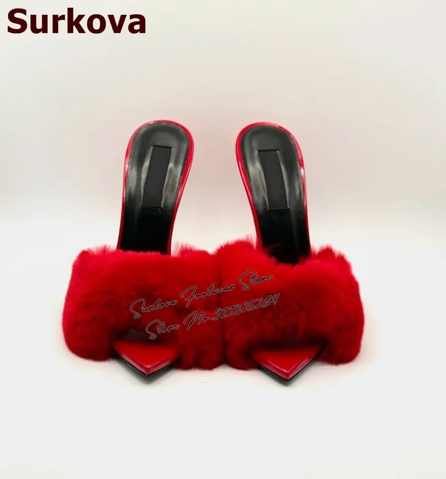 Surkova Sky Blue Black Luxury Fur Embellished Sandals Suede Thin High Heel Slippers Steel Tip Toe Slip-on Evening Shoes Size46