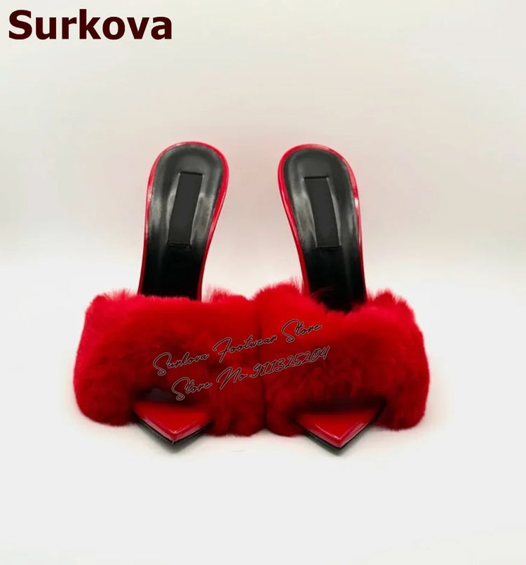 Surkova Sky Blue Black Luxury Fur Embellished Sandals Suede Thin High Heel Slippers Steel Tip Toe Slip-on Evening Shoes Size46