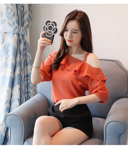 Women's Shirt Tops One-Shoulder Ruffles Short-sleeved Chiffon Blouse