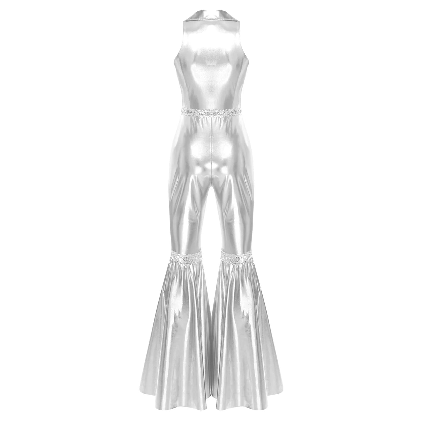 Adult Womens 70s Disco Rompers Lapel V Neck Sleeveless Front Zipper Sequins Bell Bottom Long Pants Jumpsuit Retro Jazz Dancewear