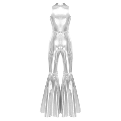 Adult Womens 70s Disco Rompers Lapel V Neck Sleeveless Front Zipper Sequins Bell Bottom Long Pants Jumpsuit Retro Jazz Dancewear
