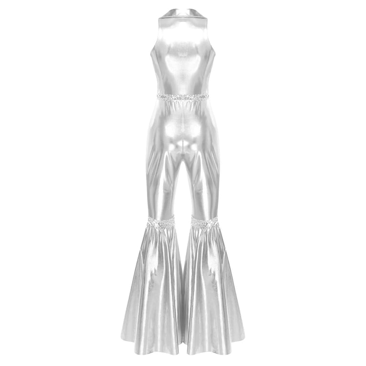 Adult Womens 70s Disco Rompers Lapel V Neck Sleeveless Front Zipper Sequins Bell Bottom Long Pants Jumpsuit Retro Jazz Dancewear
