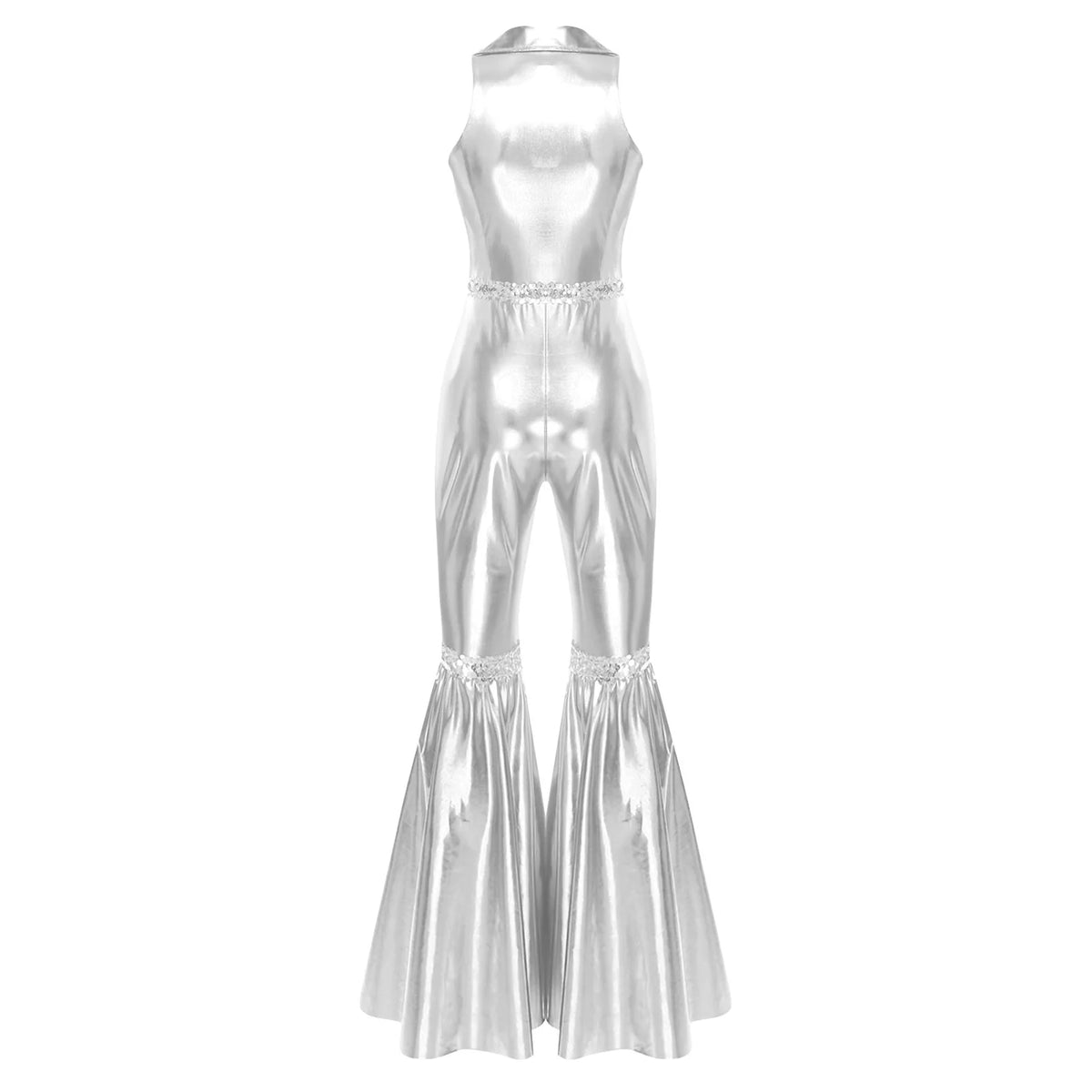 Women Vintage One Piece 70s Disco Dance Rompers Sleeveless Metallic Bell Bottom Flared Pants Jumpsuit for Retro Party Jazz Dance