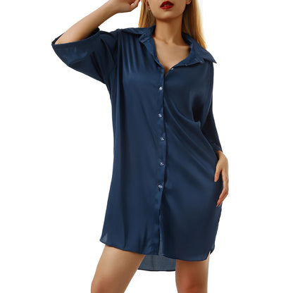 Women Underwear Summer Sleeping  Dress Satin Half Sleeve Single Breasted Fall Loose Nightgowns Home Wear Lounge