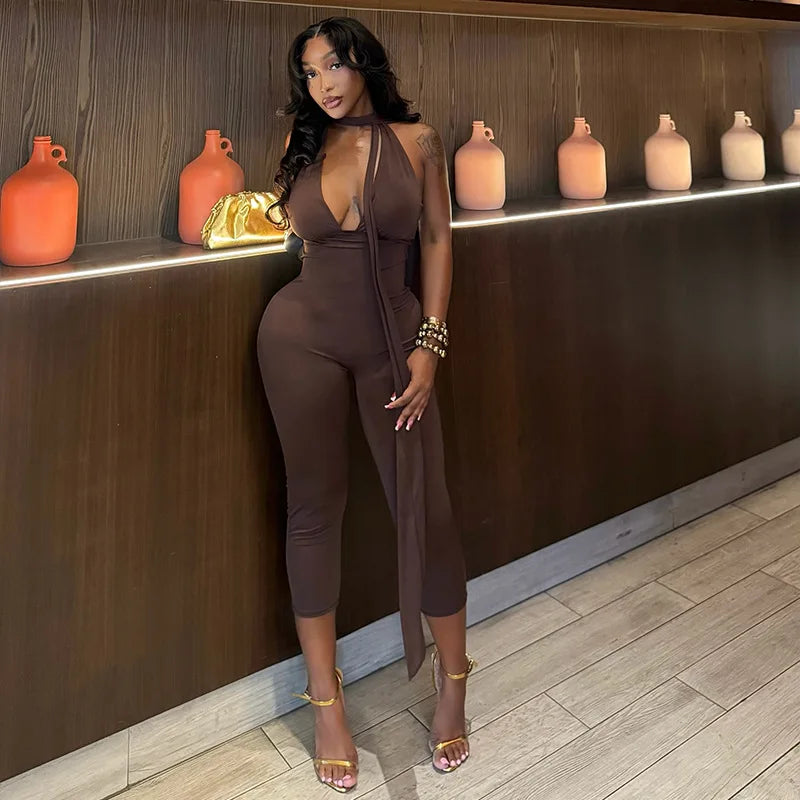 Summer Tights Jumpsuit Women Solid V-neck Backless Lace-Up Slim Stretchy Pencil Pants Calf-length Rompers Sleeveless 65001