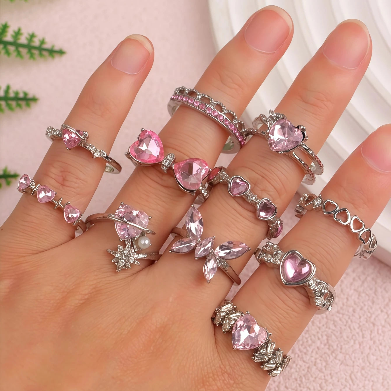 10Pieces Fashion Pink Rhineston Rings Set For Women Mix Style Butterfly Heart Love Open Adjustion Daily Jewelry Party Gifts