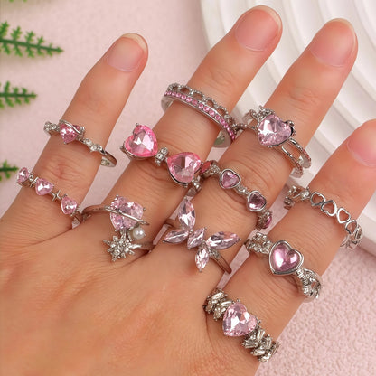 10Pieces Fashion Pink Rhineston Rings Set For Women Mix Style Butterfly Heart Love Open Adjustion Daily Jewelry Party Gifts