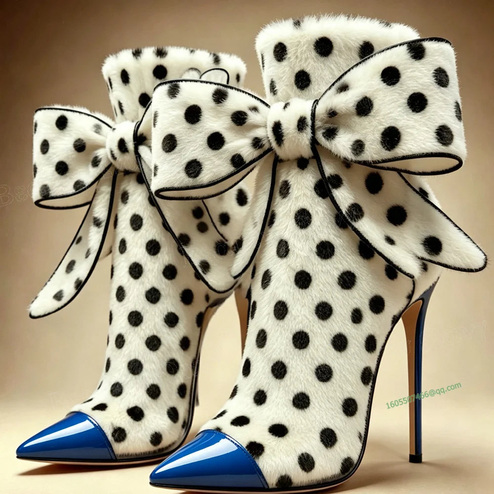 Black Toe Bow Knot Ankle Boots Polka Dots Front Pointed Toe Thin Heels Shoes High Heel Shoes for Women New Zapatos Para Mujere