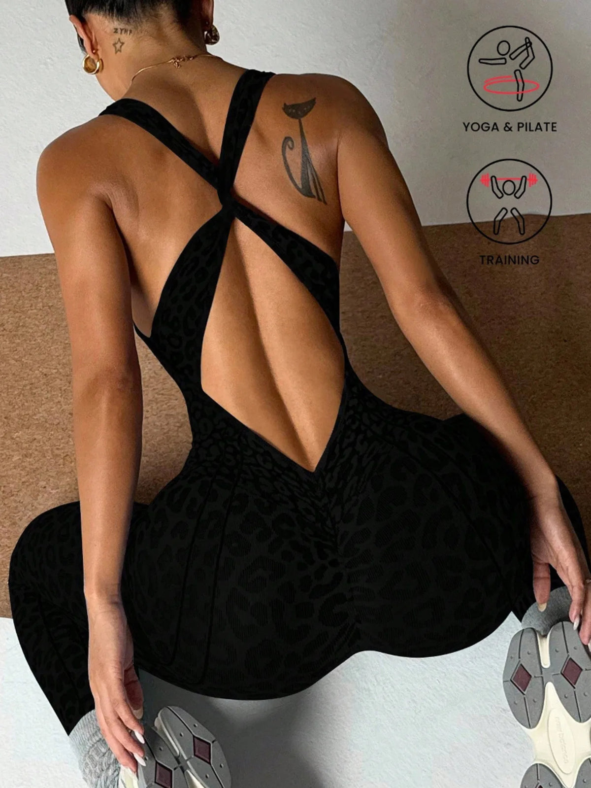 Women Seamless Leopard Print Cross Back Jumpsuit Butt Lifting Yoga Bodysuit High Elastic Workout Fitness Athletic Catsuit