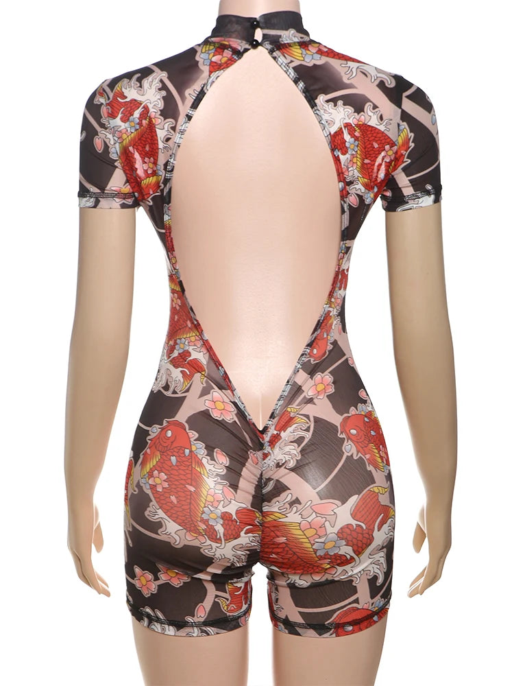 Weird Puss Backless Playsuit Women See Through Shorts Sleeve Peach Buttocks Summer Trend Aesthetic Print Midnight Club Romper