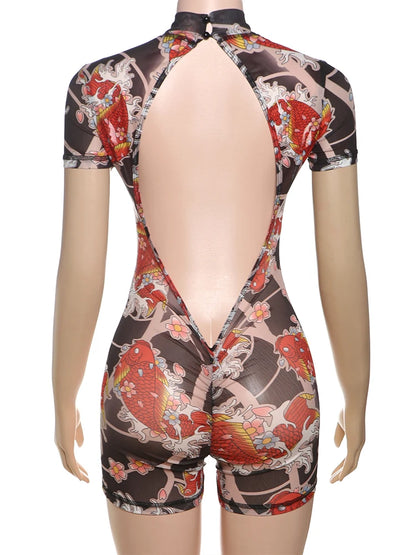 Weird Puss Backless Playsuit Women See Through Shorts Sleeve Peach Buttocks Summer Trend Aesthetic Print Midnight Club Romper