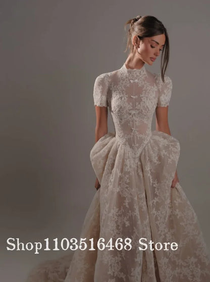 Light Champagne Short-Sleeve Lace Wedding Dress Customized Bohemian Open-Back Bridal Gown Formal Evening Gown Engagement Dress