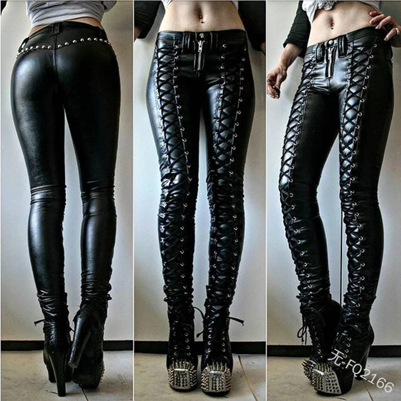 Women's New Fashion Tight Skinny Pants PU Faux Leather High Waist Smooth Touch Elastic Fit Wrinkle Resistant Casual Long Pants