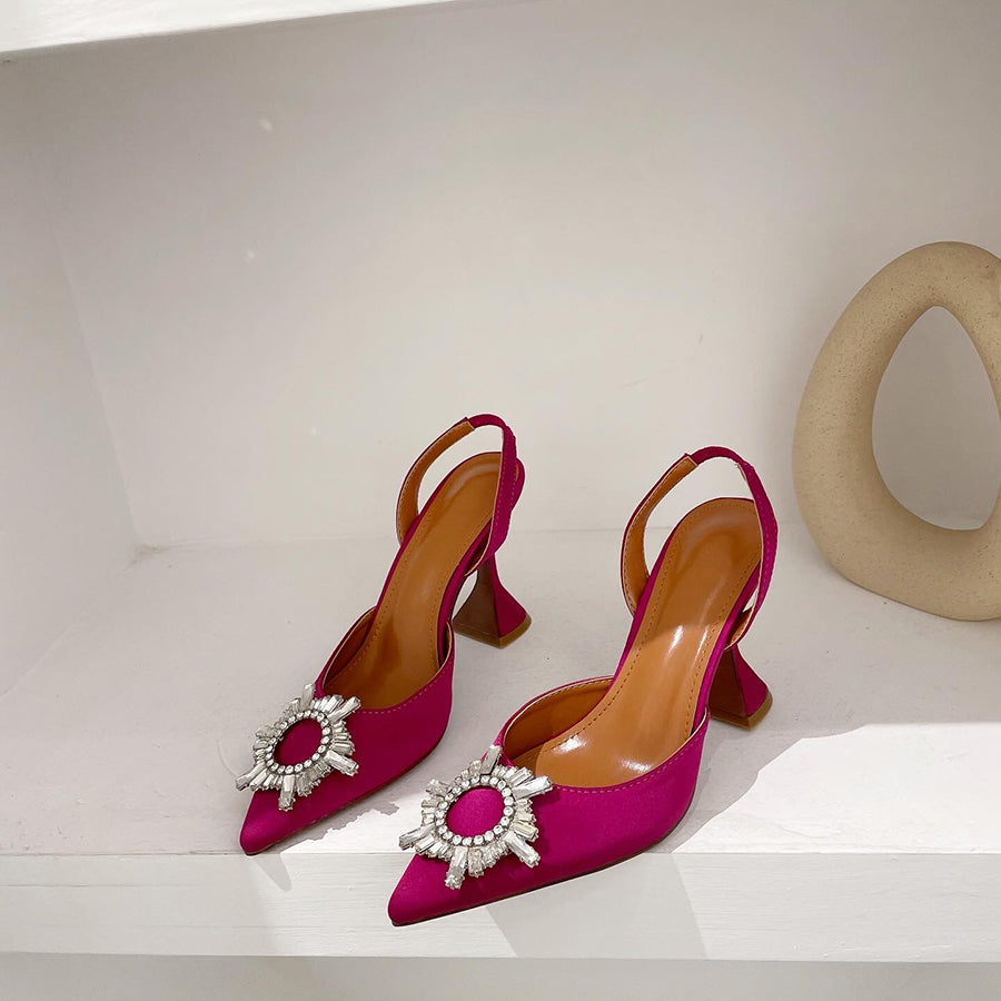 Aneikeh Brand Women Silk High Heels Luxury Crystal Butterfly Knot High Heels Summer Pointed Shoes Triangle Heeled Bride Pumps