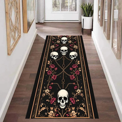 Gothic Skull Runner Rug, Dark Horror-Themed Long Hallway Carpet, Black Aesthetic Skeleton Skull Floor Mat for Bedroom or Studio