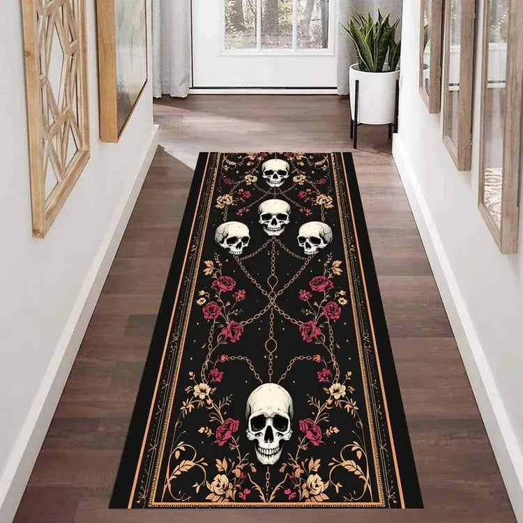 Gothic Skull Runner Rug, Dark Horror-Themed Long Hallway Carpet, Black Aesthetic Skeleton Skull Floor Mat for Bedroom or Studio