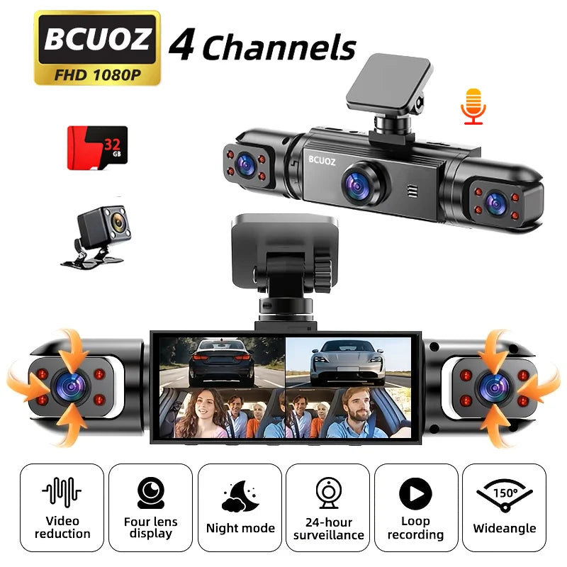 BCUOZ 4-Lens 360° Dashcam 1080P Front 720P Rear Left Right Car Cameras Super Night Vision Loop Recording G-Sensor WDR 12-24V Plug Power Supply Optional 64GB Memory Card