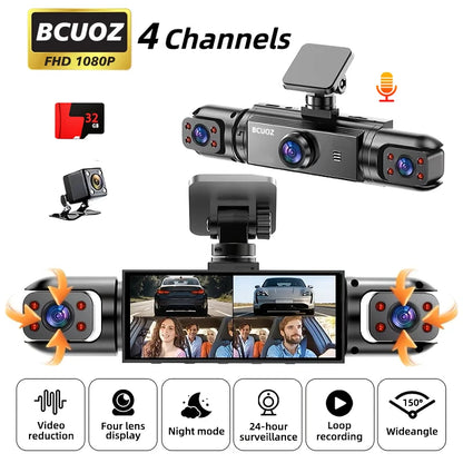 BCUOZ 4-Lens 360° Dashcam 1080P Front 720P Rear Left Right Car Cameras Super Night Vision Loop Recording G-Sensor WDR 12-24V Plug Power Supply Optional 64GB Memory Card