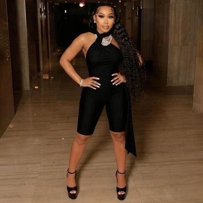 Women Fashion Overalls Playsuits Beach Vacation Clubwear Sexy Backless Ruched Halter Neck Tie Solid Slim Fit Capris Jumpsuit
