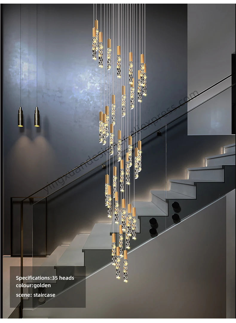 Crystal Staircase Pendant Lamp Modern Gold Lighting Fixture Ceiling Hang Pendant Light Luster Indoor Villa Loft Stair Chandelier