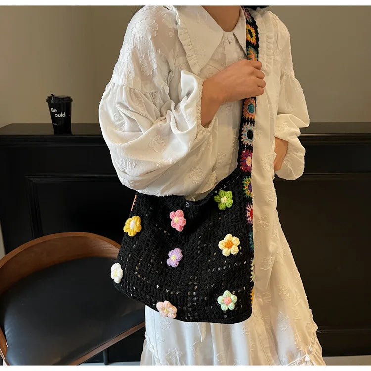 Women's Boho Crochet Bag Designer Flowers Knitted Handbags Large Capacity Summer Beach Woven Shoulder Bag Girls Tote Shopper Bag