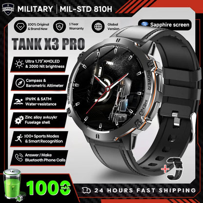 2026 New Military TANK X3 1000mAh Battery Smart Watch Men 10ATM Waterproof Swim GPS Path 1.75" AMOLED HD Call Sports Smartwatch