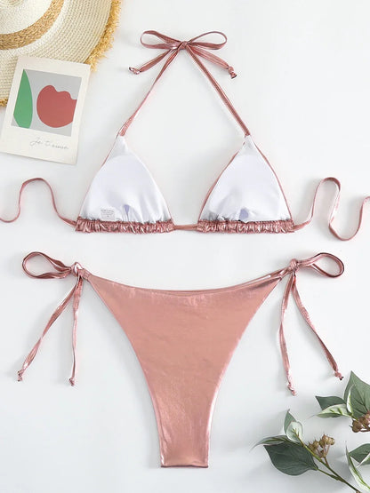 Sexy Metallic Halter Bikinis Sets Lace Up Triangle Tie Side Bikini 2026 Swimsuit Women Swimwear Brazilian Female Bathing Suits