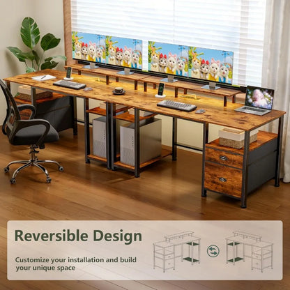 51" Computer Desk with Outlets and LED, Desk with Drawers, Brown