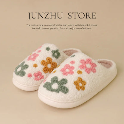Women Floral Cotton Slippers, Thick Sole Soft Bottom Winter Indoor Home Warm Non‑Slip House Slippers