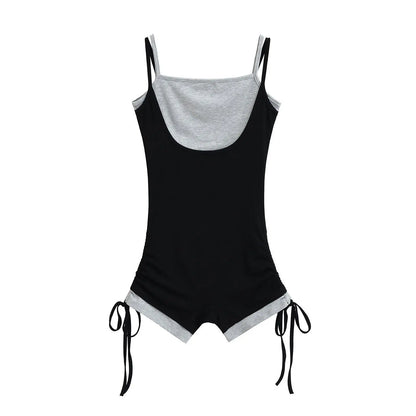 American Style Street Hot Girl Sexy Suspender Jumpsuit Shorts Color Blocked Fake Two-piece Design Sense Fitness Yoga Jumpsuit