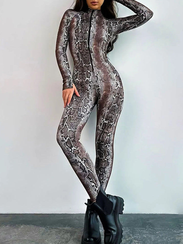 Women's Jumpsuit Snakeskin Print Bodysuit Long Sleeve Catsuit Sexy Bodycon Jumpsuit for Women Fashion Casual