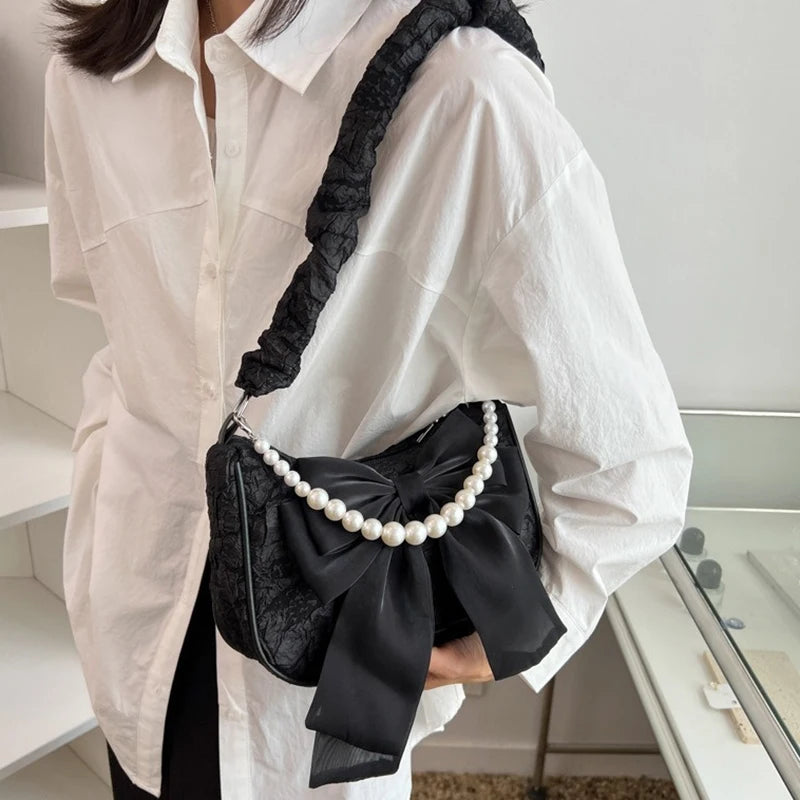 White Folds Pearl Female Bag Retro Luxury Designer Handbag Bow Crossbody Bags Fashion Y2K Vintage Women's Shoulder Bag Purses