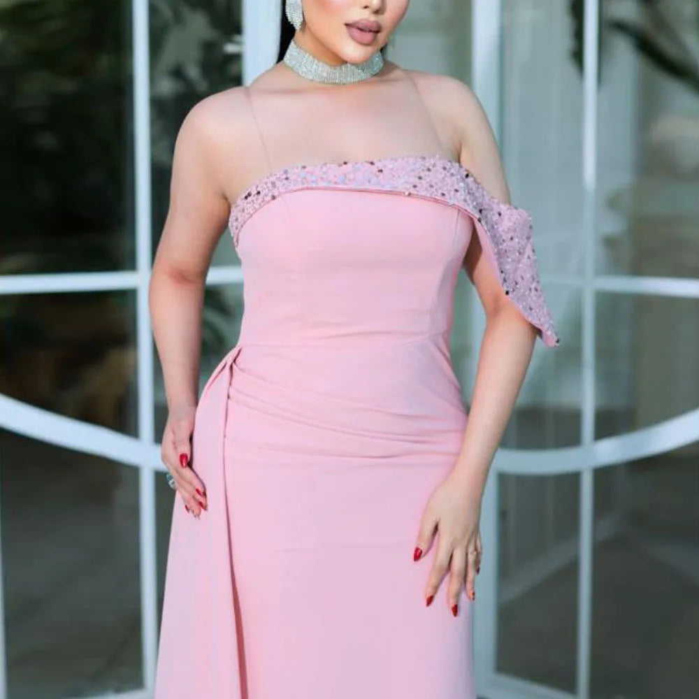 Customized Pink Satin Dresses for Women Strapless Mermaid Formal Evening Gown Sequin Neckline Overskirt Special Occasion Dress