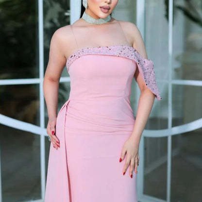 Customized Pink Satin Dresses for Women Strapless Mermaid Formal Evening Gown Sequin Neckline Overskirt Special Occasion Dress