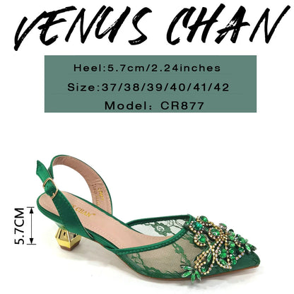 Venus Chan Nigerian Elegant Lace Net Style Green Crystal Low Heel Shoes And Three-Dimensional Mini Bag Commuter Women's Shoes