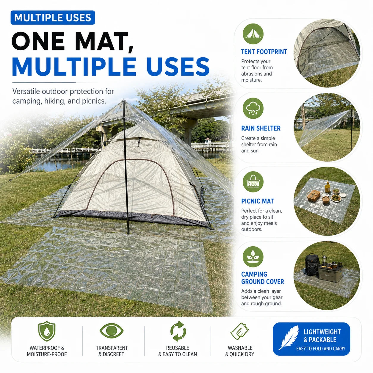 Four Season Ultralight Transparent Tent Groundsheet Waterproof Moisture Proof Camping Footprint Foldable Reusable Outdoor Tarp