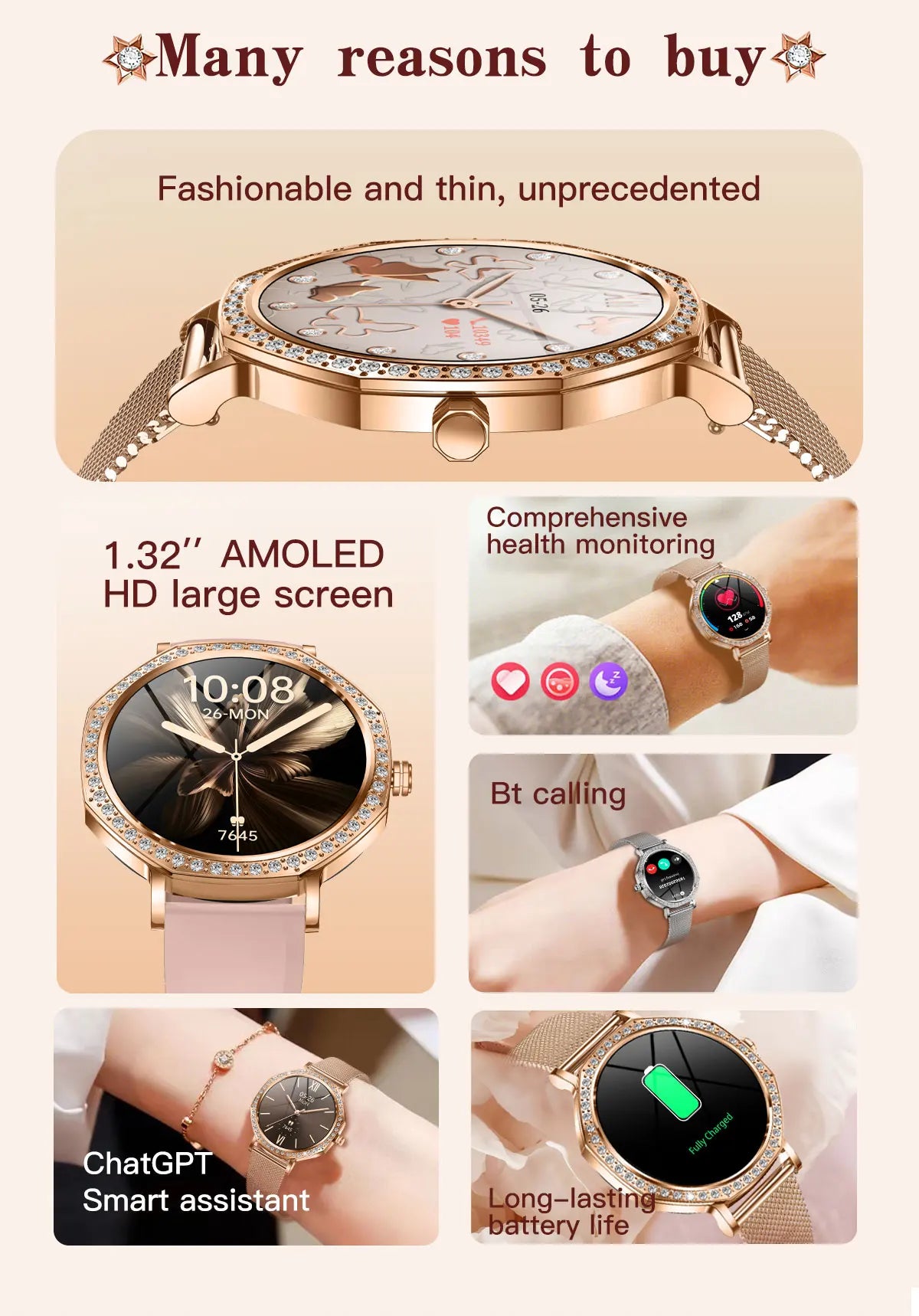 2026 New Ladies' Fashion Smartwatch Diamond Frame HD AMOLED Screen Bluetooth Call Health Monitoring Waterproof Smart Watch Gift