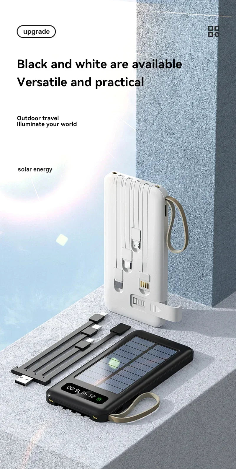 VIVO 200000mAh Solar Power Bank Large Capacity Mobile Power Fast Charging Battery Dual USB 4 Cables For iPhone Samsung Huawei