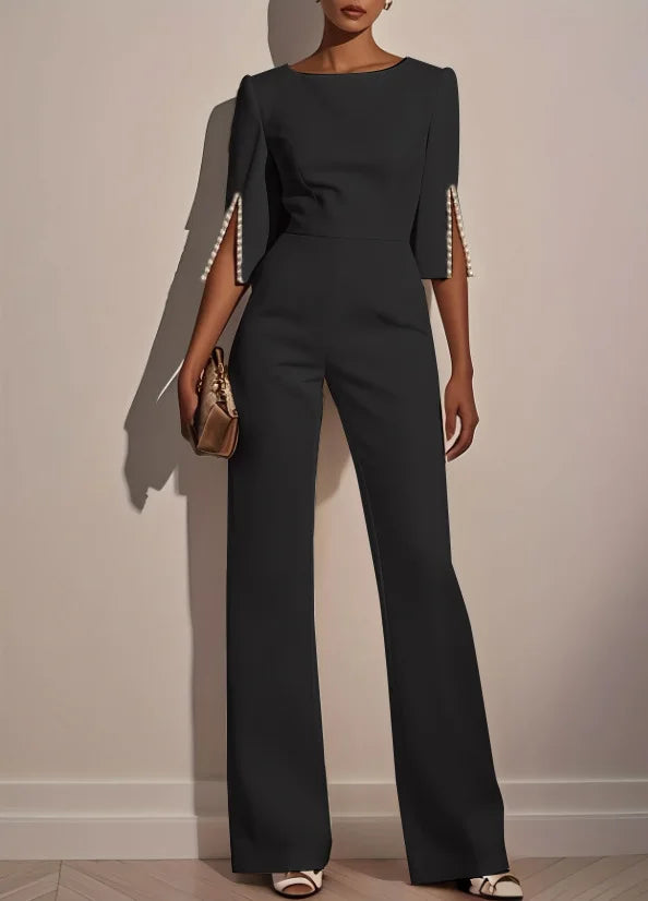 Women Round Neck Pearl Sleeve Wide Leg Jumpsuit Elegant Office Lady Fashion Spring Autumn