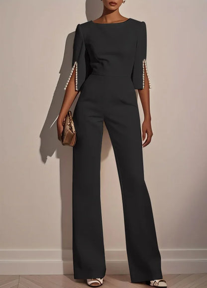 Women Round Neck Pearl Sleeve Wide Leg Jumpsuit Elegant Office Lady Fashion Spring Autumn