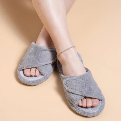 Smile Popcorn Women Adjustable Cross Strap Slippers Soft Fleece Two-tone Open Toe Non Slip Cozy Memory Foam Indoor House Slides