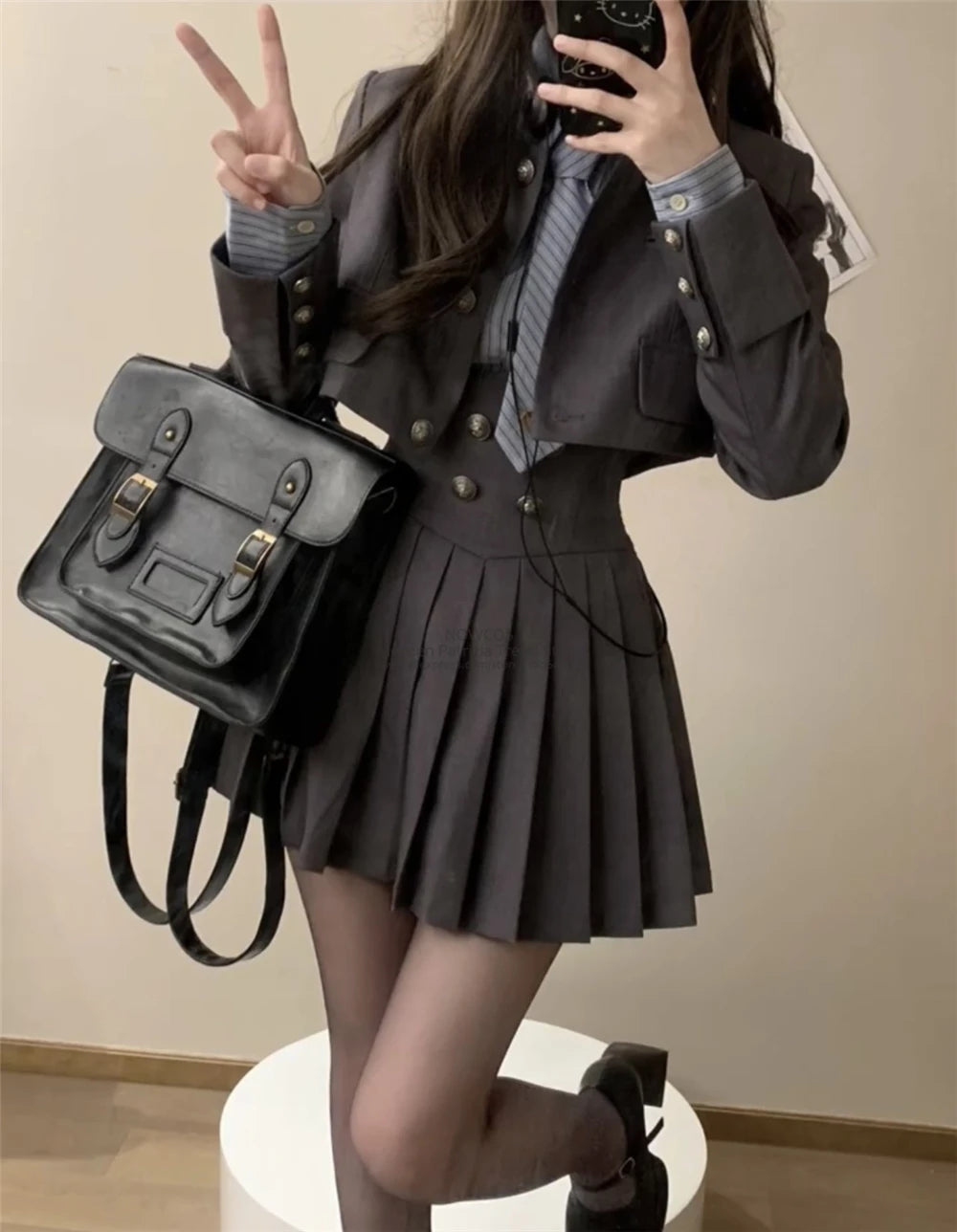 Spring 2025 Preppy Style American Uniform Set Girls Short Suit Coat Long Sleeve Striped Shirt Slim High Waist Pleated Skirt Grey