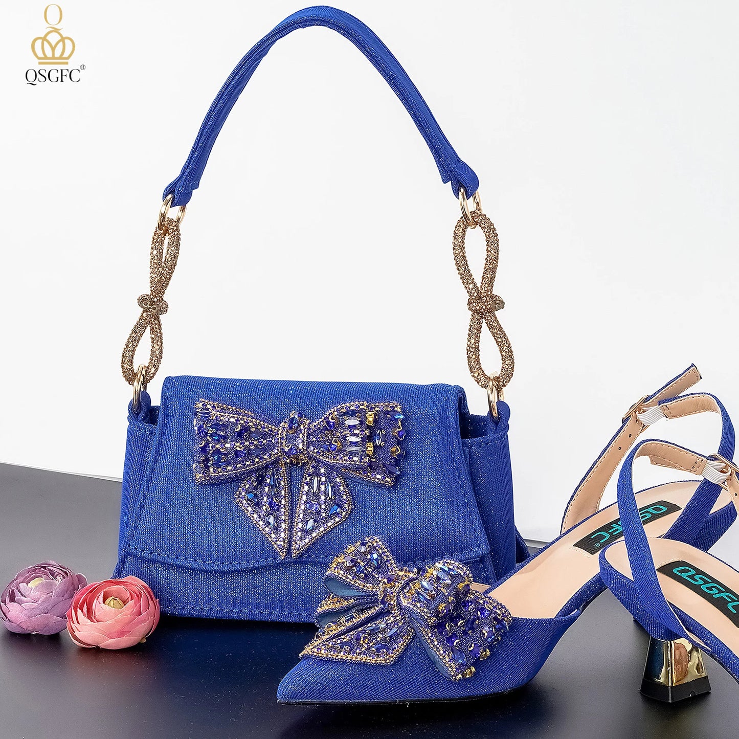 QSGFC Italian Design Red Elegant Women's Heels Fashion Crystal Bow Pointed Toe Sandals Nigeria Shoes Bag Set For Women