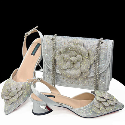 Italian Design Evening Shoes And Bags Paired With Handmade Petal Gold Colour Pointed Toe Mid-Heel Shoes For Women Party Shoes