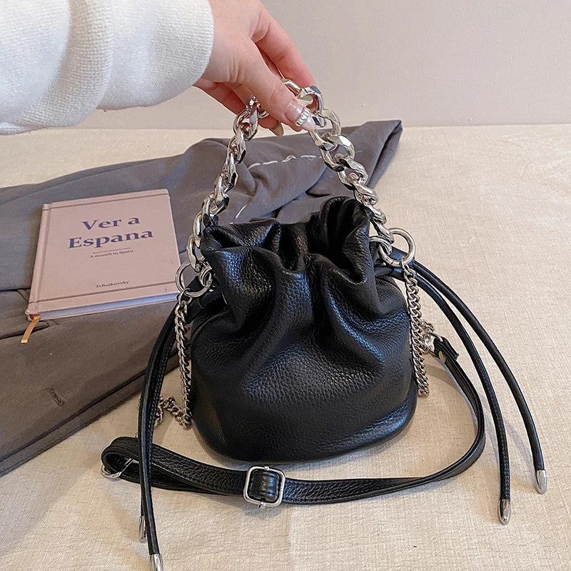 100% Genuine Leather Women Shoulder Crossbody Bags High Quality Solid Color Cow Leather Bucket Handbag Luxury Female Sac